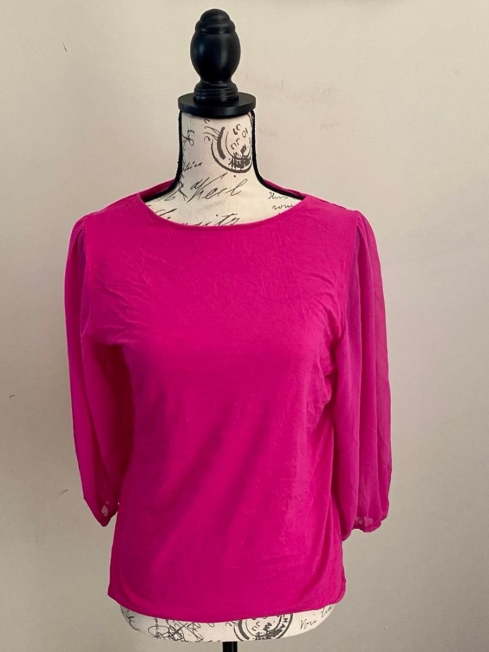 Vince Camuto Hot Pink Women's Puff 3/4 Sleeve Knit Top with Sheer Chiffon Sleeve